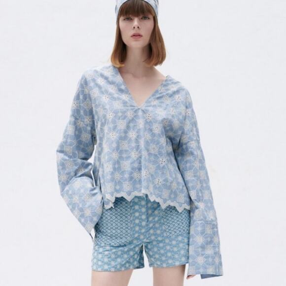 Zara Floral Embroidered Top Retro V-Neck Long-Sleeved high low top cotton small - Picture 2 of 16